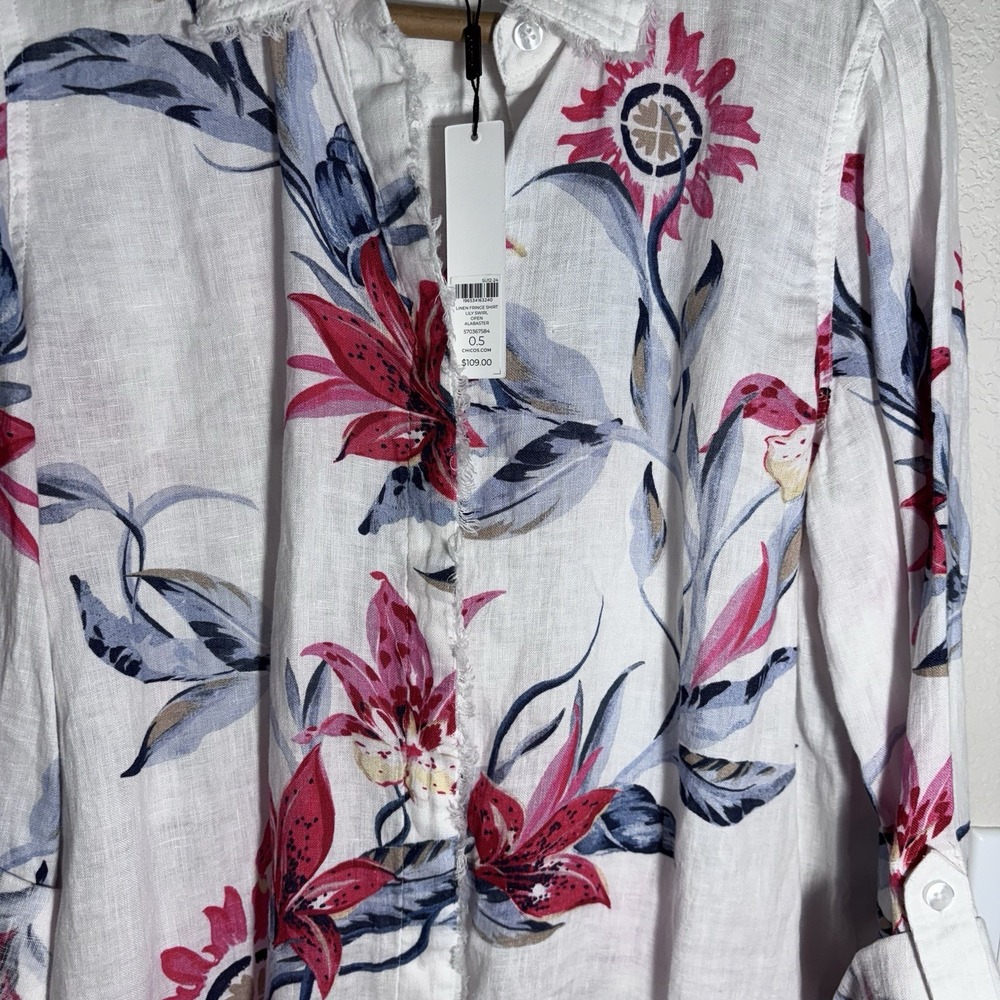 NEW Chico's Linen Coastal Floral Shirt Women's Size L Button Front Lightweight - Picture 3 of 7